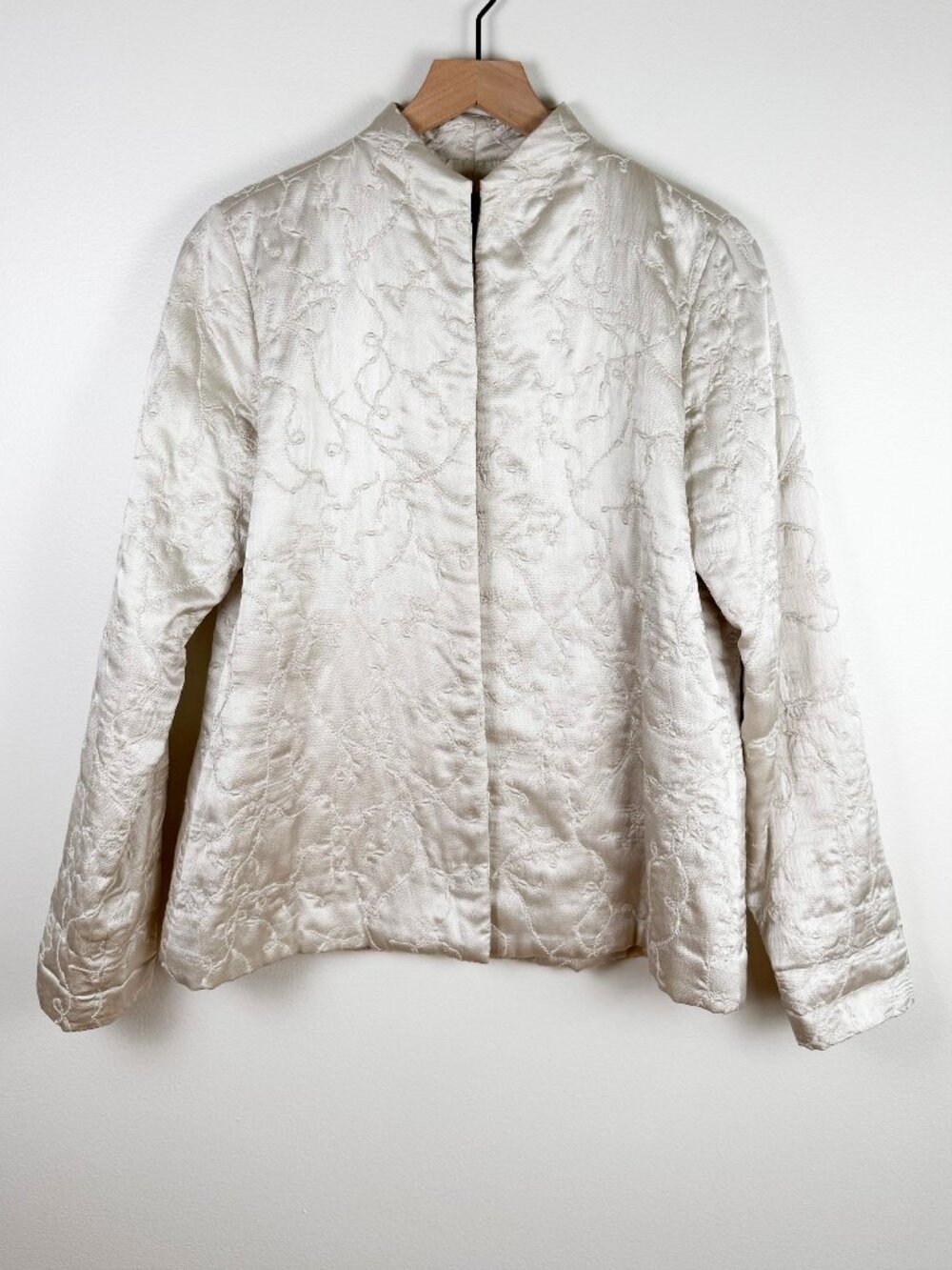 Eileen Fisher Silk Quilted Mandarin Collar Jacket Champagne Cream Size S